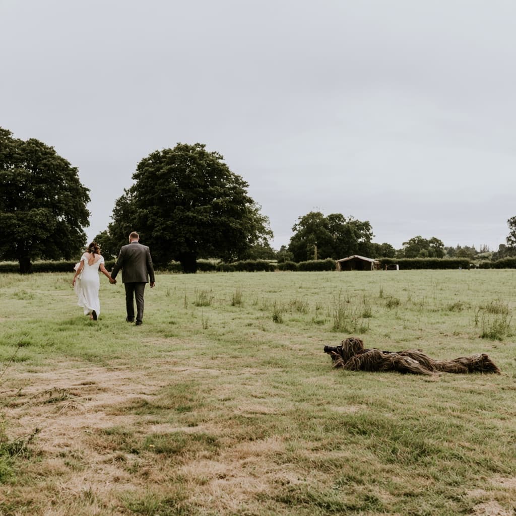 A ghillie-suited photographer lying in a field, photographing a bride and groom walking away hand in hand.