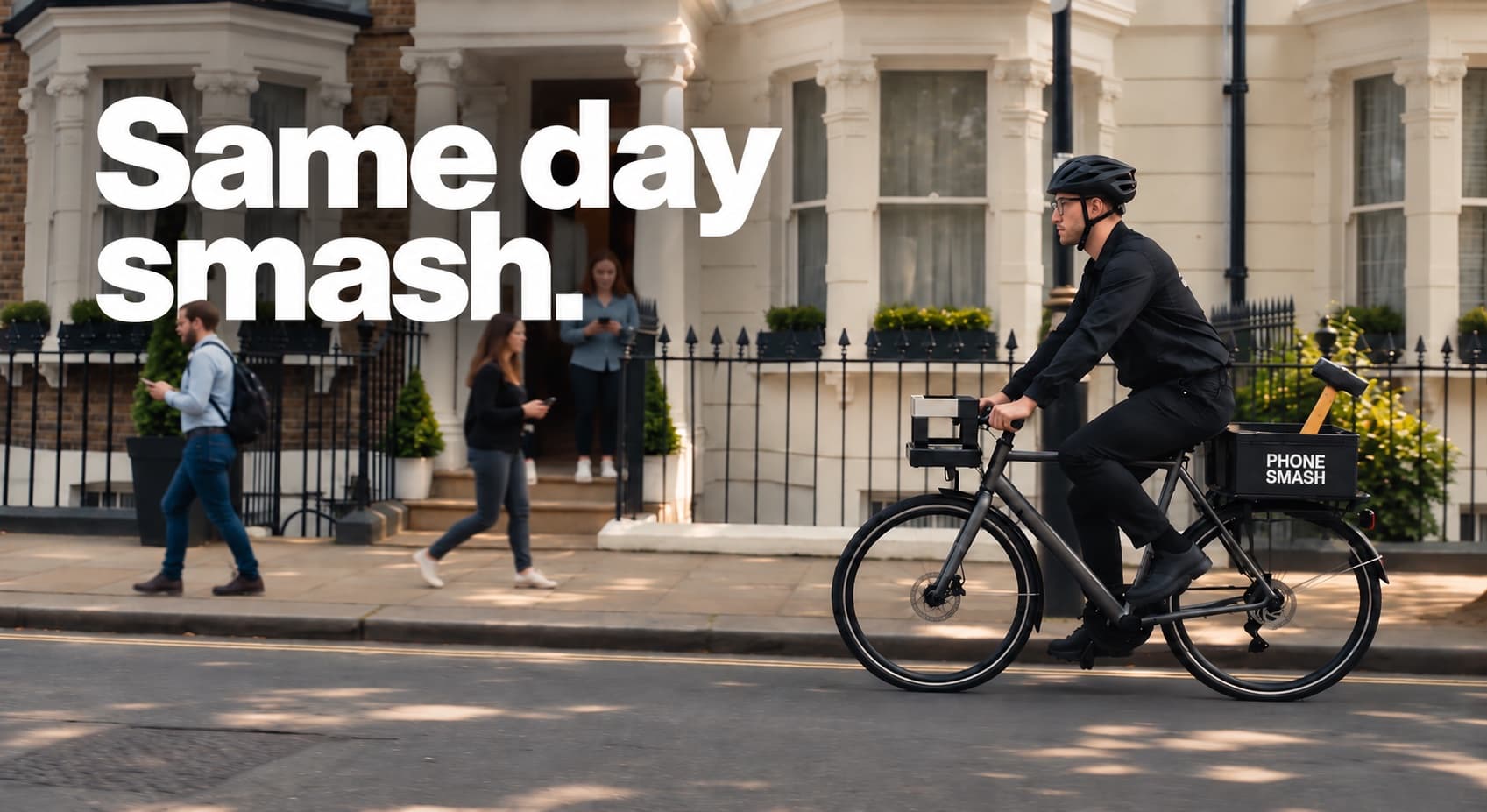 A Phone Smash courier cycling along a London residential street with a hammer strapped to the bike.